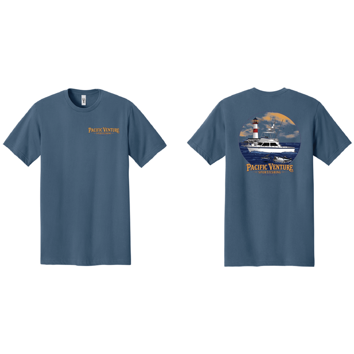 Pacific Venture Sportfishing T-shirt in Blue Jean, front and back view