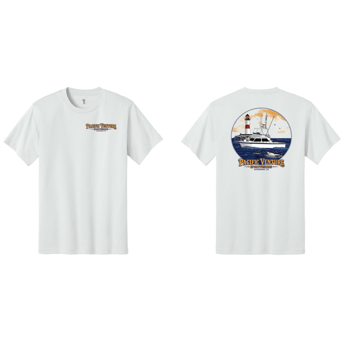 Pacific Venture Sportfishing T-shirt in Bone, front and back view